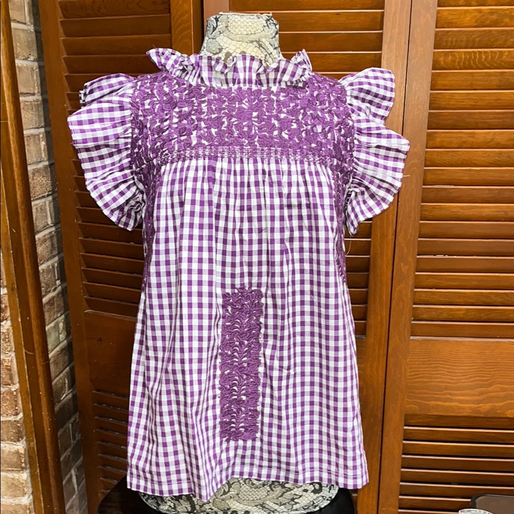 J.Marie Purple Gingham Cotton Ruffle Blouse